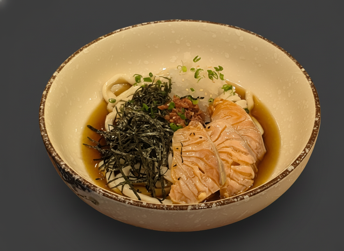 Udon nước tương với cá hồi nướng và mơ chua